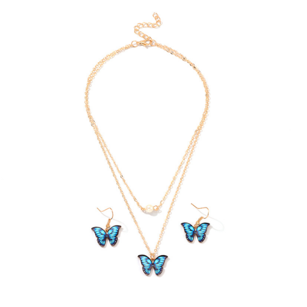 Halskette- und Ohrringe-Schmetterlings-Schmuck-Set blau, Damenschmuck
