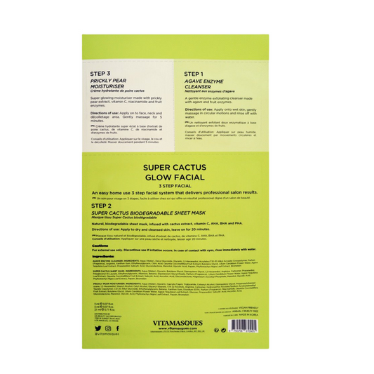 VITAMASQUES Super Cactus Glow Facial - 3 Step Facial Care with Cleanser, Biodegradable Sheet Mask & Moisturizer