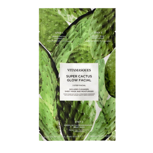 VITAMASQUES Super Cactus Glow Facial - 3 Step Facial Care with Cleanser, Biodegradable Sheet Mask & Moisturizer